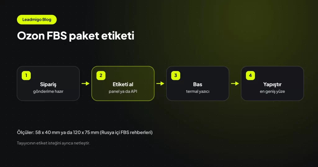 Ozon FBS siparişinde gönderinin hazırlanmasından paket etiketinin basılıp kutuya yapıştırılmasına kadar adımlar