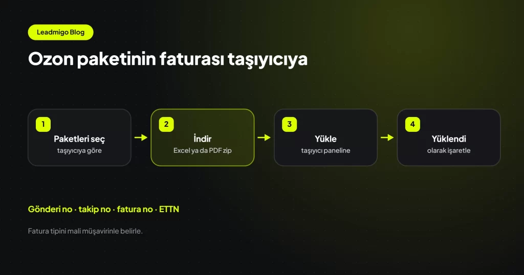 Ozon paketlerinin fatura bilgilerinin toplanıp taşıyıcı paneline yüklenmesini gösteren dört adımlı akış
