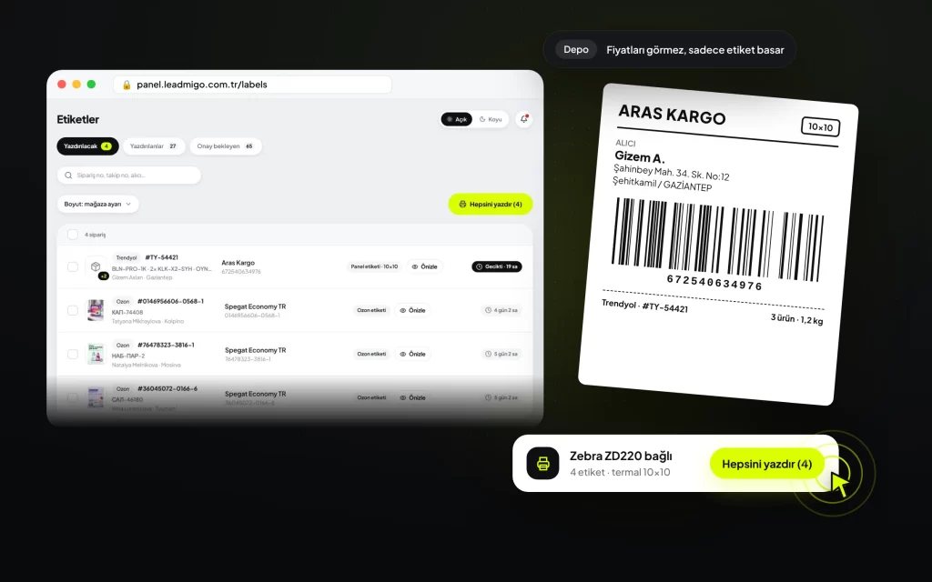 Depo için toplu termal kargo etiketi yazdırma