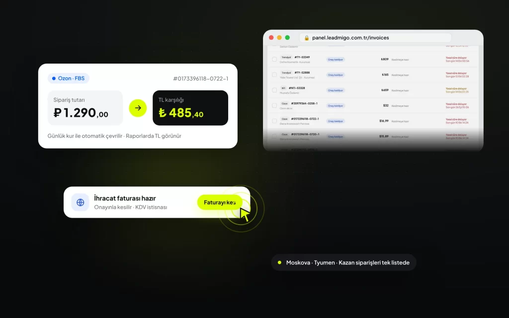 Ozon siparişlerinde ruble TL çevirisi ve ihracat faturası
