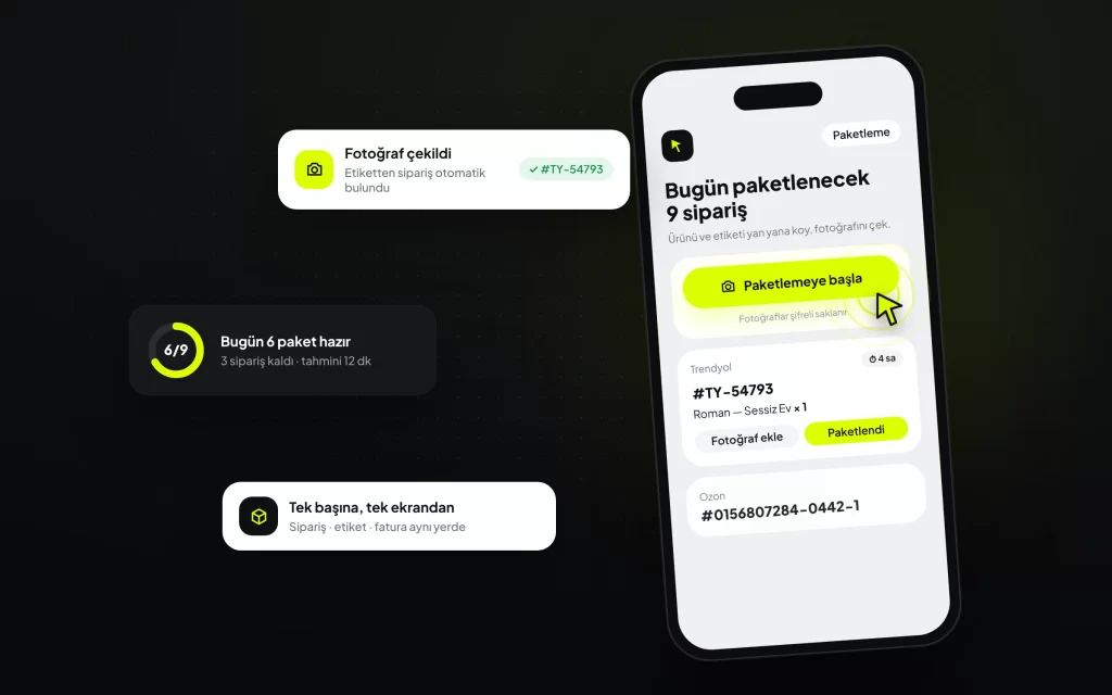Tek kişilik pazaryeri satıcıları için mobil paketleme ekranı